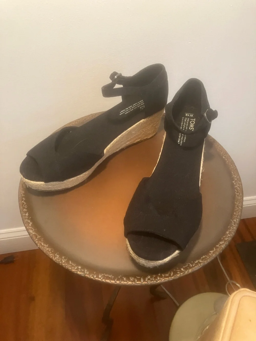 Toms Black Peep-Toe Ankle-Strap Wedge Sandals